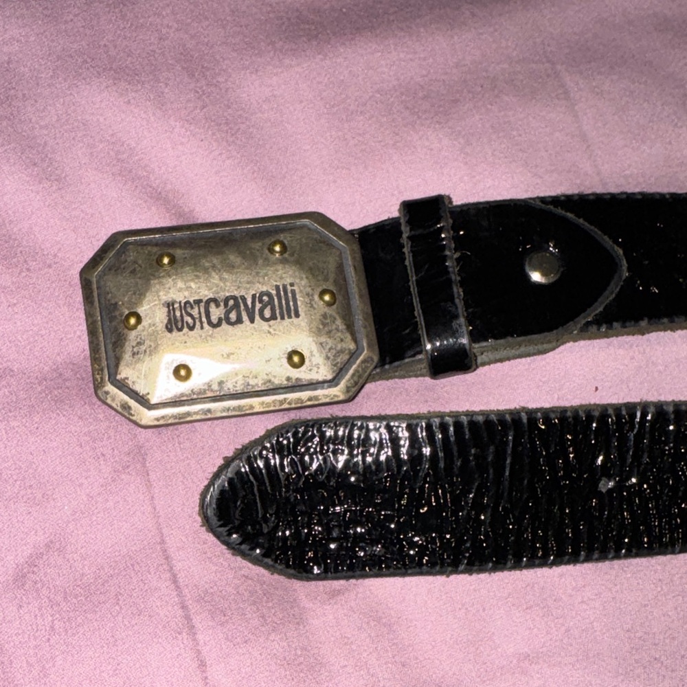Just Cavalli Black patten leather Belt with Silver Buckle and gold studs - Picture 3 of 8